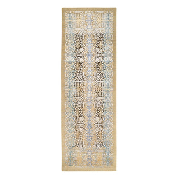 4'X12' Gold Brown Silk With Textured Wool Hand Knotted Wide Runner Rug