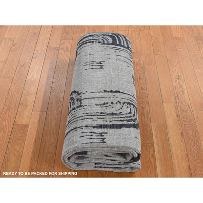 6'X9' Cloud Gray The Cane Pure Silk With Textured Wool Hand Knotted Rug