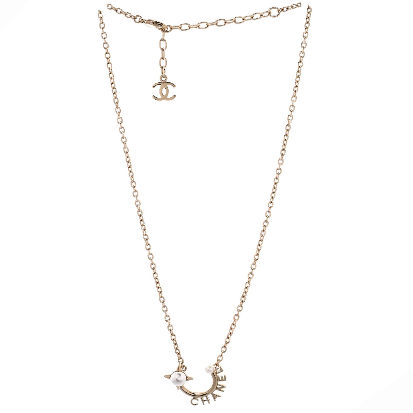 Chanel Logo Semicircle Pendant Short Necklace Metal With Faux Pearls