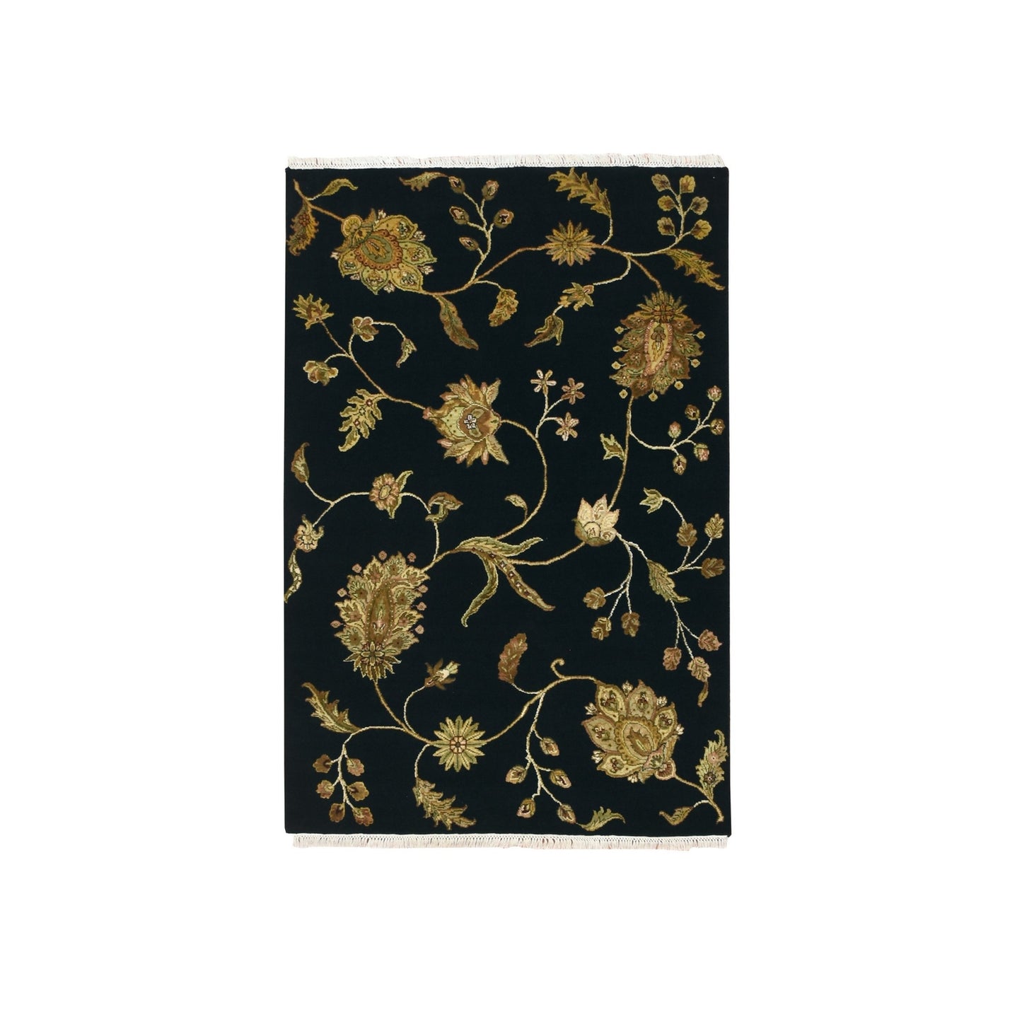 Rug 4'x6' Midnight Black Botanical Design Wool and Silk Hand Knotted