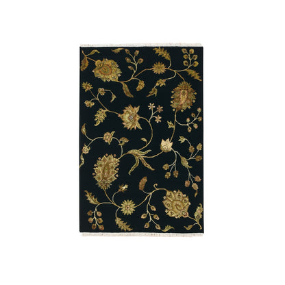 Rug 4'x6' Midnight Black Botanical Design Wool and Silk Hand Knotted