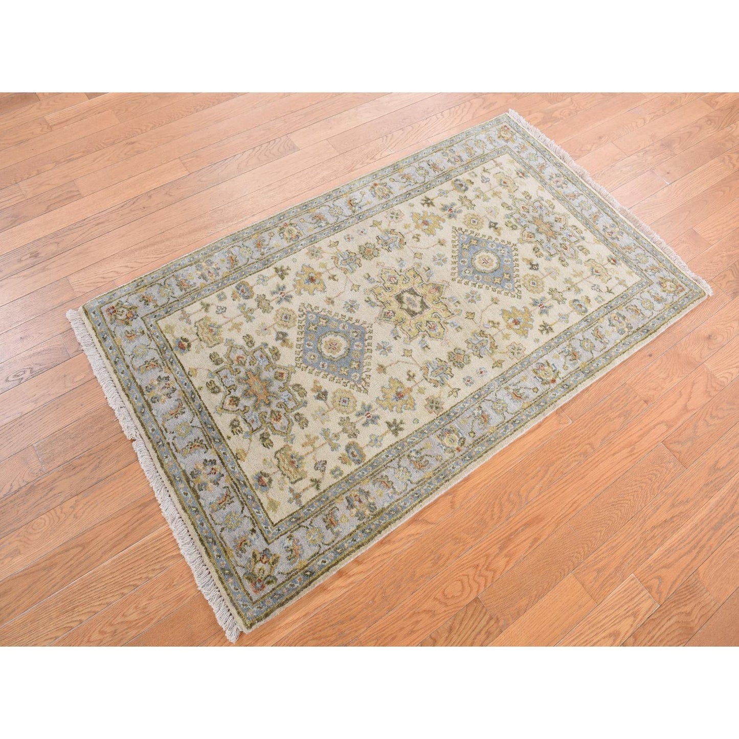 3'X5'1" Acoustic White Wool Hand Knotted Karjihooz Design Runner Rug