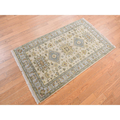 3'X5'1" Acoustic White Wool Hand Knotted Karjihooz Design Runner Rug
