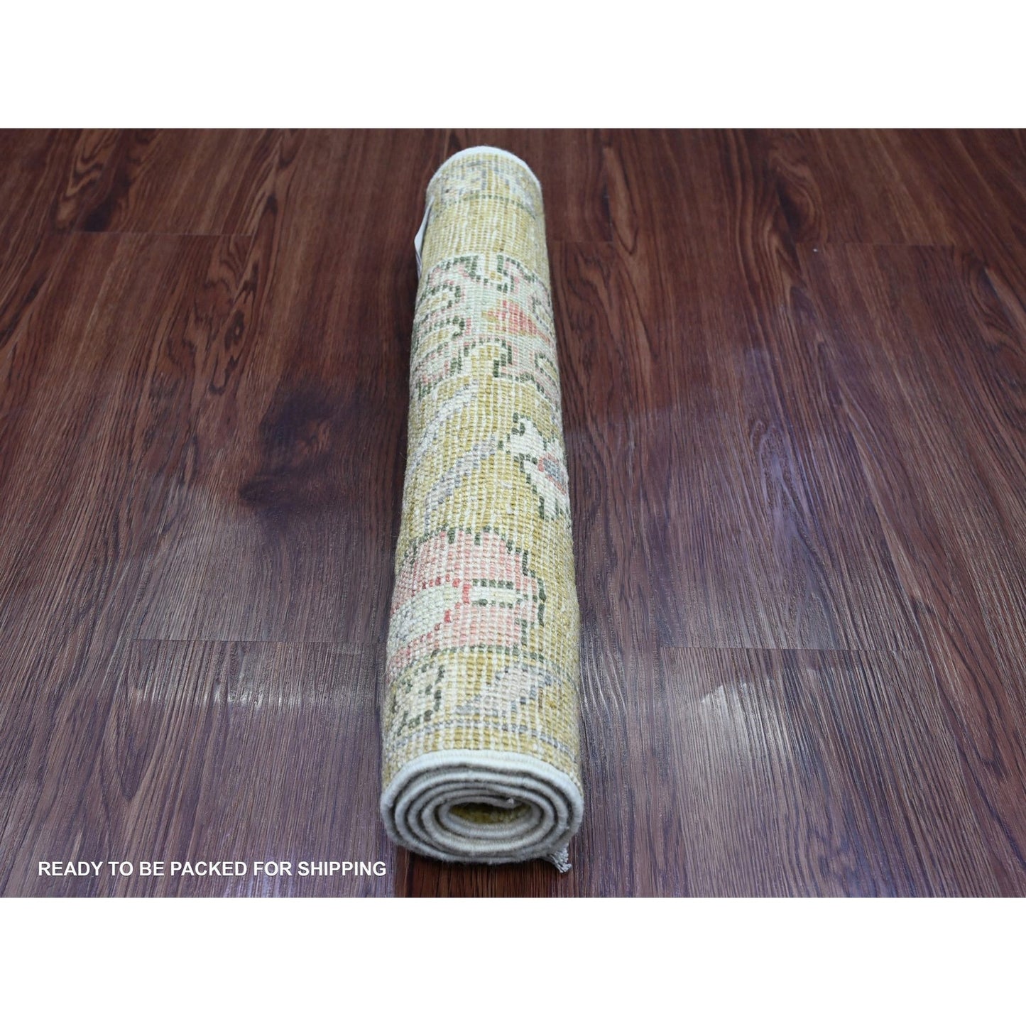 2'X3'1" Yellow Hand Knotted Afghan Angora Oushak Leaf Design Wool Mat Rug