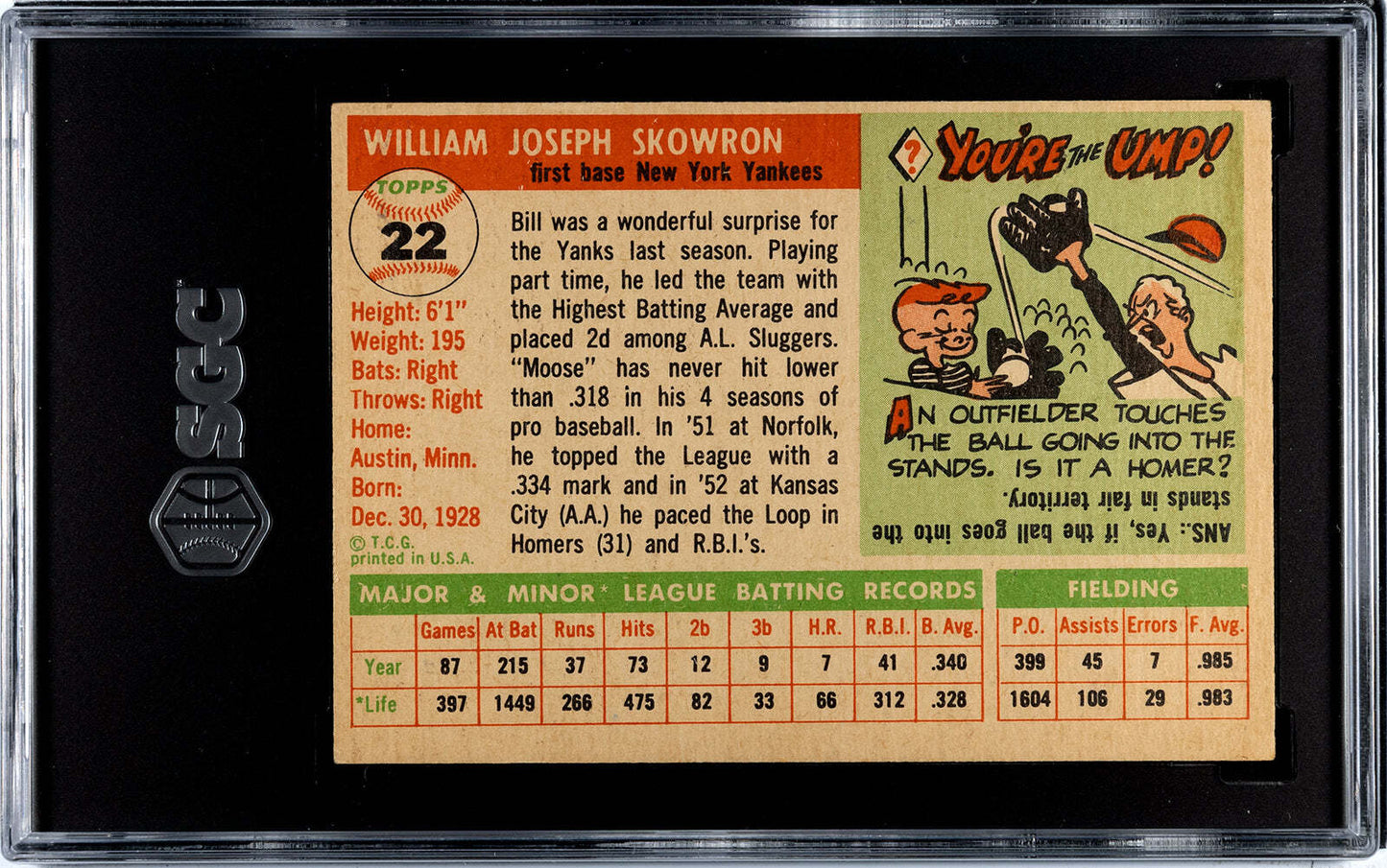 Bill Skowron 1955 Topps Card #22 Sgc 5