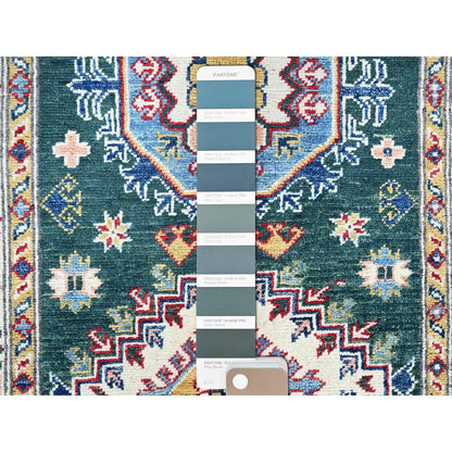 2'6"X9'9" Green Kazak With Medallions Design Wool Hand Knotted Runner Rug