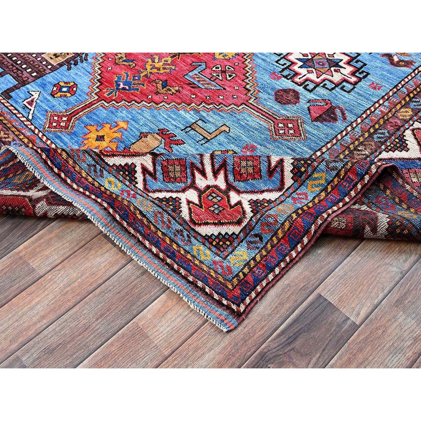 6'X8'1" Blue Afghan Caucasian Design Revival Hand Knotted Soft Wool Rug