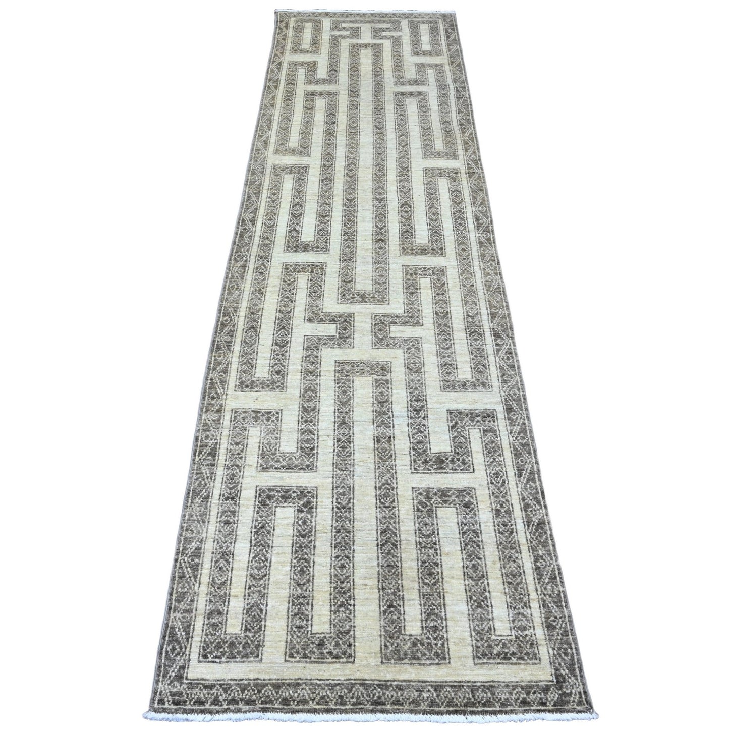 2'7"X9'5" Moroccan Berber Influence Pattern Wool Hand Knotted Runner Rug