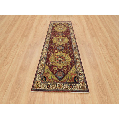 3'10"X12'1" Red Pure Wool Hand Knotted Heris Re-Creation Wide Runner Rug