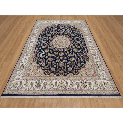 7'10"X10'3" Navy Nain Medallion Design Wool And Silk Hand Knotted Rug