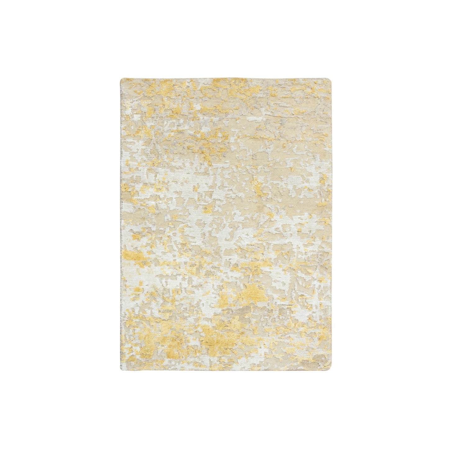 2'X2'9" Gold-Cream Hand Knotted Abstract Design Wool And Silk Mat Rug
