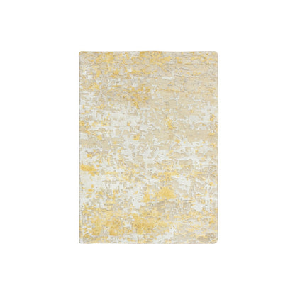 2'X2'9" Gold-Cream Hand Knotted Abstract Design Wool And Silk Mat Rug