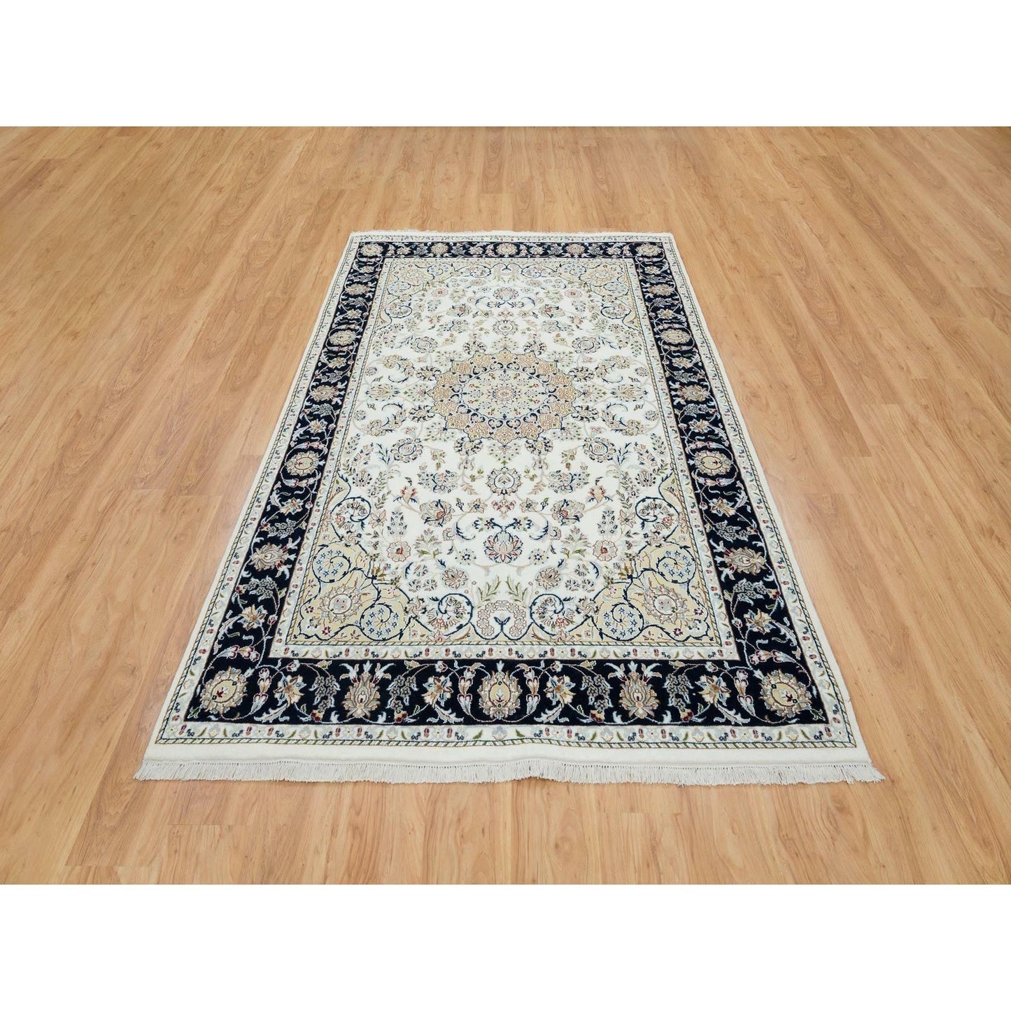 5'10"X9'1" Ivory Natural Wool Hand Knotted Nain Design 250 Kpsi Rug