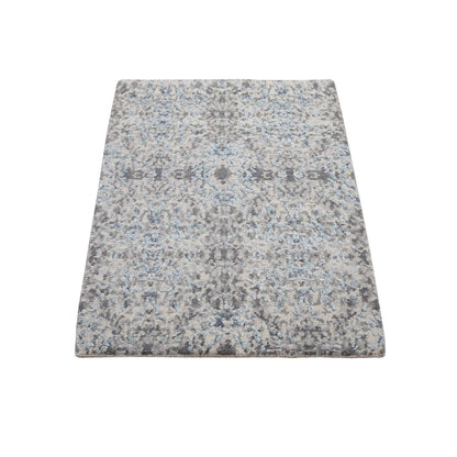 2'X3' Gray Wool And Silk Abstract Design Hand Knotted Oriental Rug