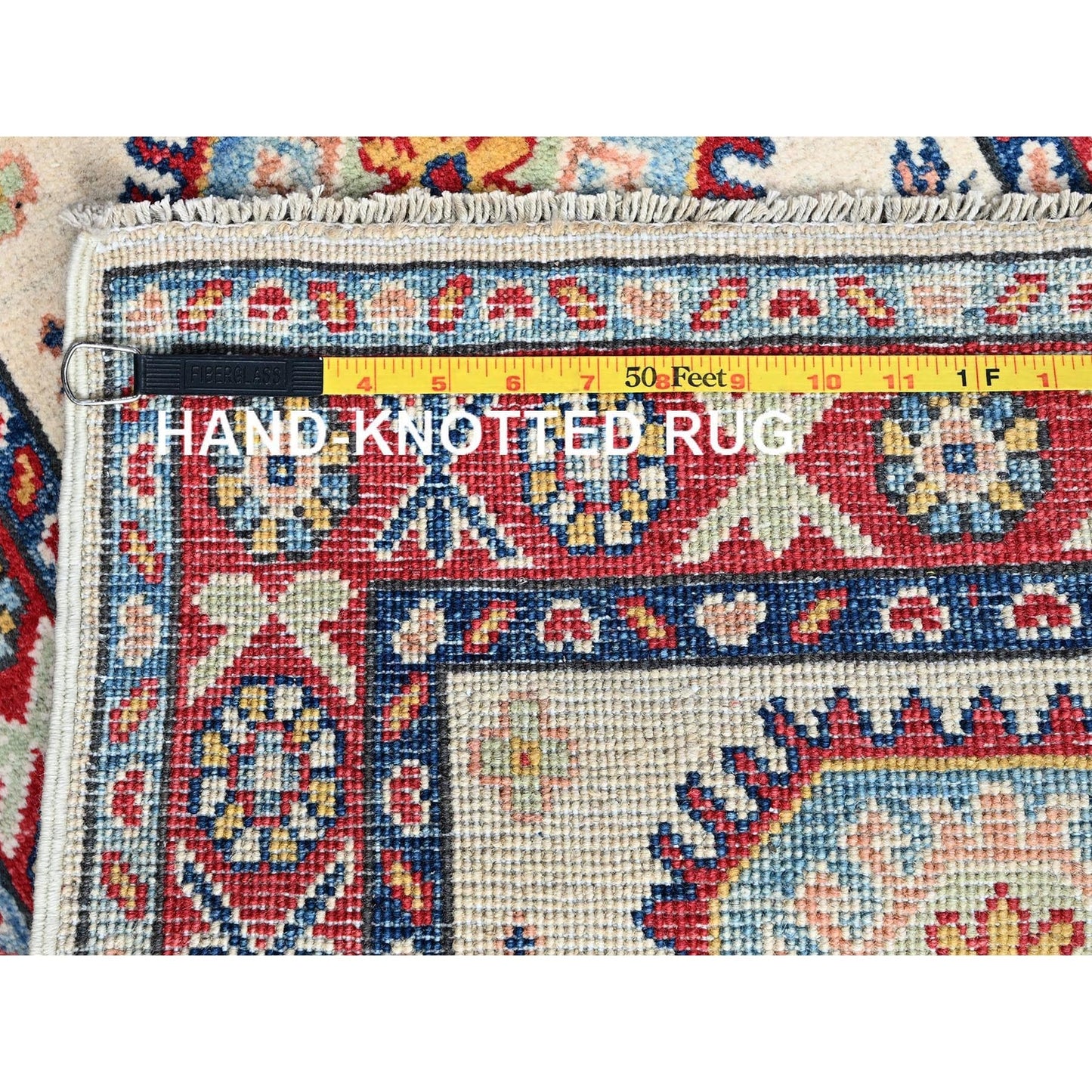 2'X3'1" White Kazak With Geometric Design Soft Wool Hand Knotted Sample Rug