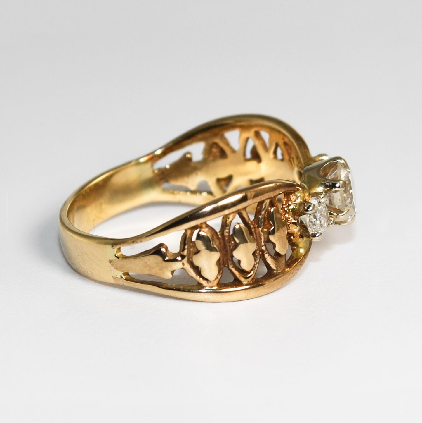 Three Diamond Ring Fancy Shank 14K Yellow Gold