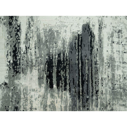 4'X10' Shadow Black Hand Knotted Abstract Wool And Silk Wide Runner Rug