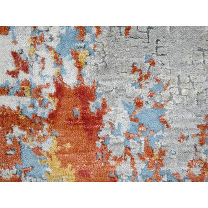 2'7"X5'10" Orange Abstract Design Wool And Silk Hand Knotted Runner Rug