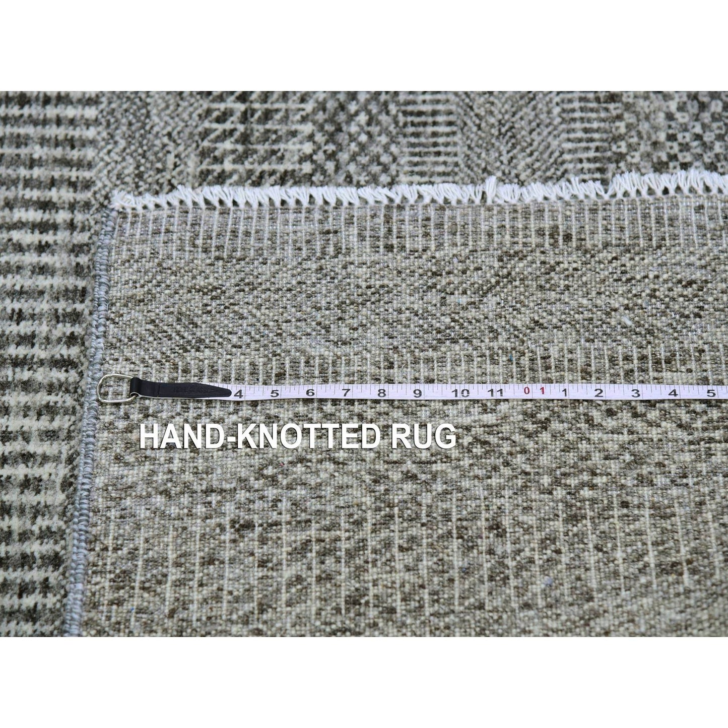 4'1"X12'1" Gray Grass Design Undyed Wool Hand Knotted Wide Runner Rug