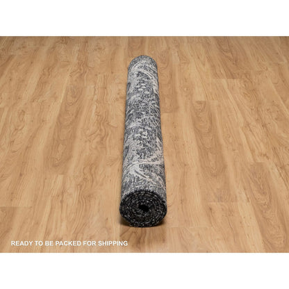 6'X8'10" Obsidian Black Wool And Silk Hand Knotted Sickle Leaf Design Rug