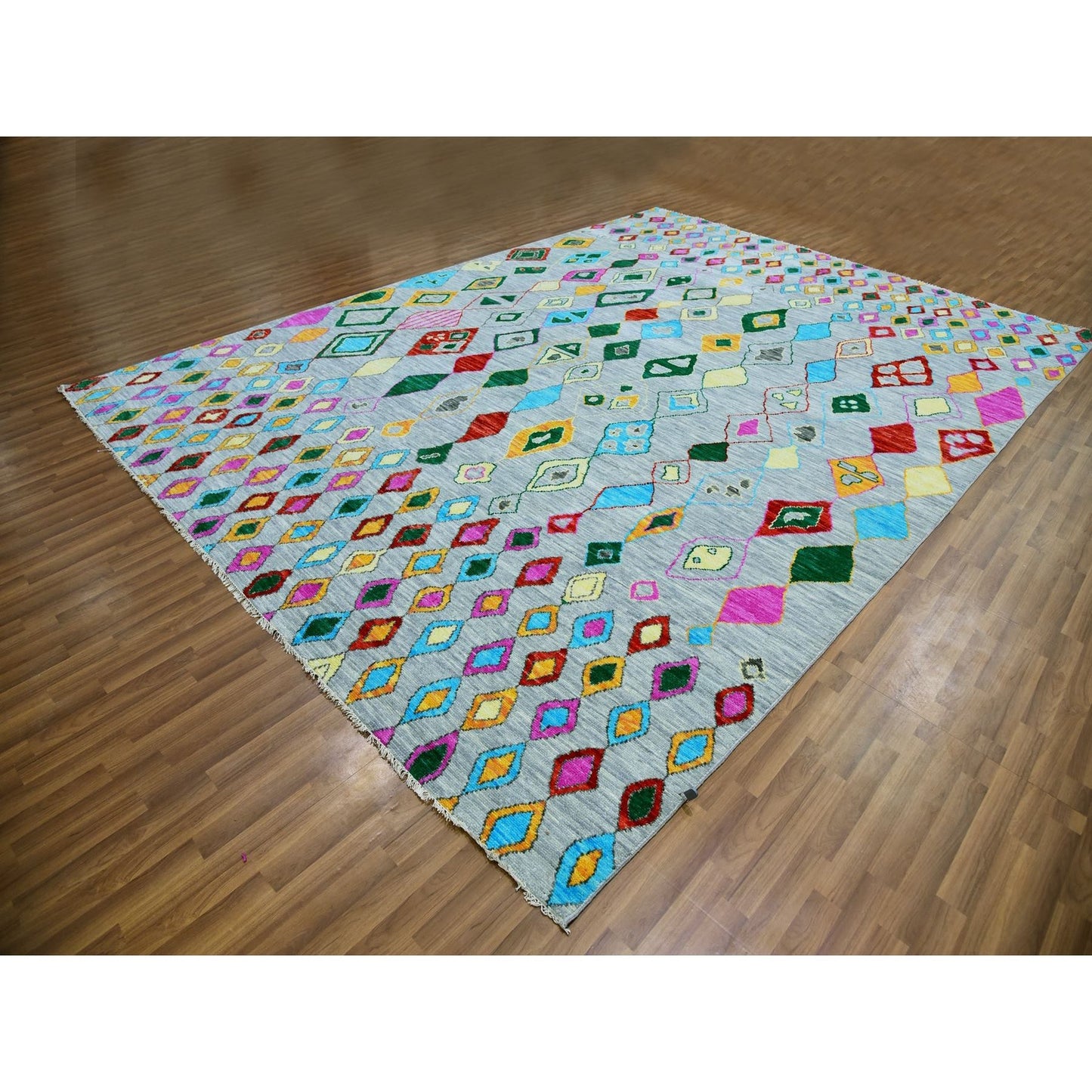 10'2"X14' Gray Colorful Moroccan Inspired Design Hand Knotted Wool Rug
