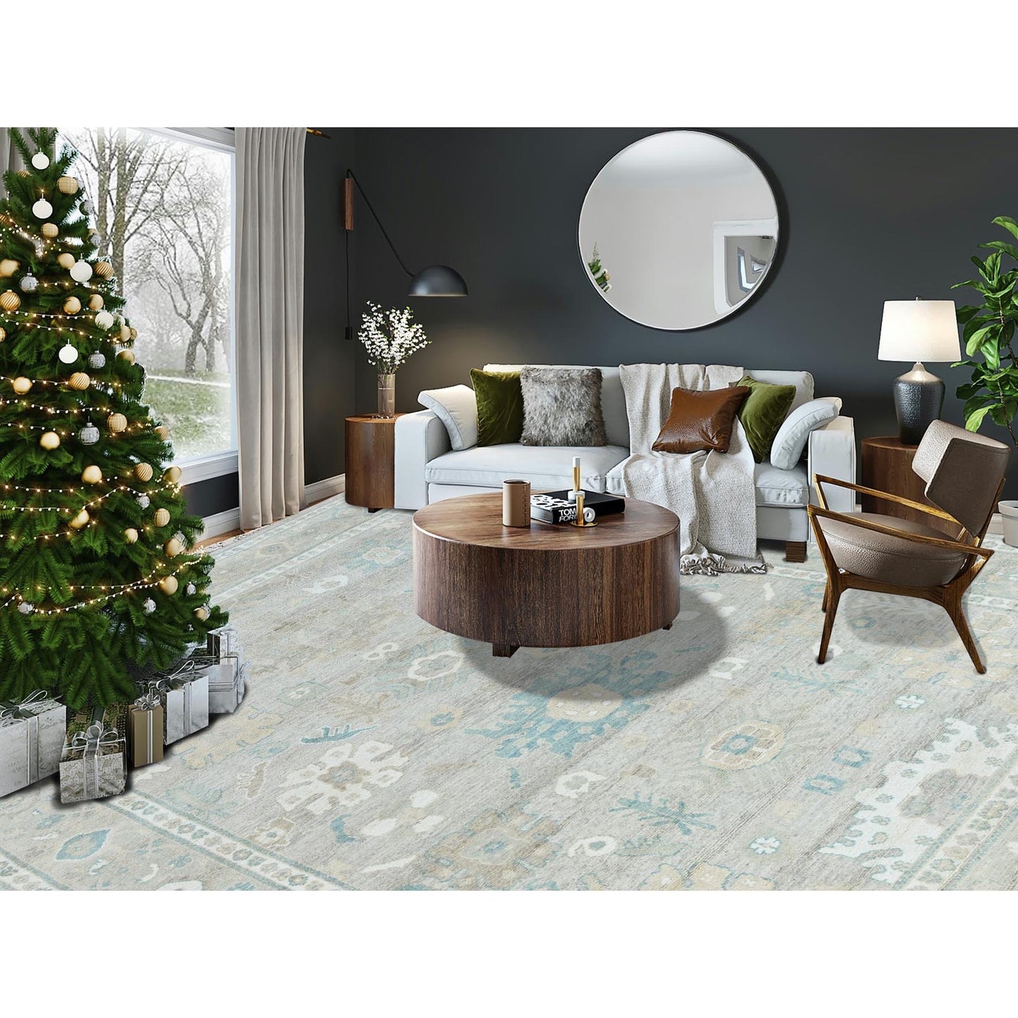 9'2"X11'10" Oyster Gray Afghan Oushak Leaf Design All Wool Hand Knotted Rug