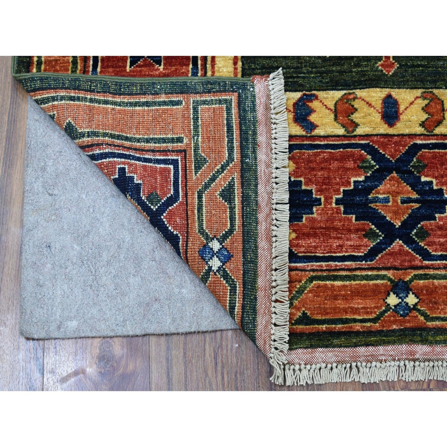 4'X9'8" Green Afghan Turkoman Geometric Wool Hand Knotted Runner Rug