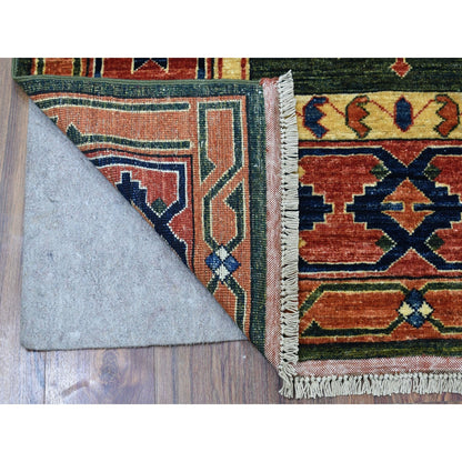 4'X9'8" Green Afghan Turkoman Geometric Wool Hand Knotted Runner Rug