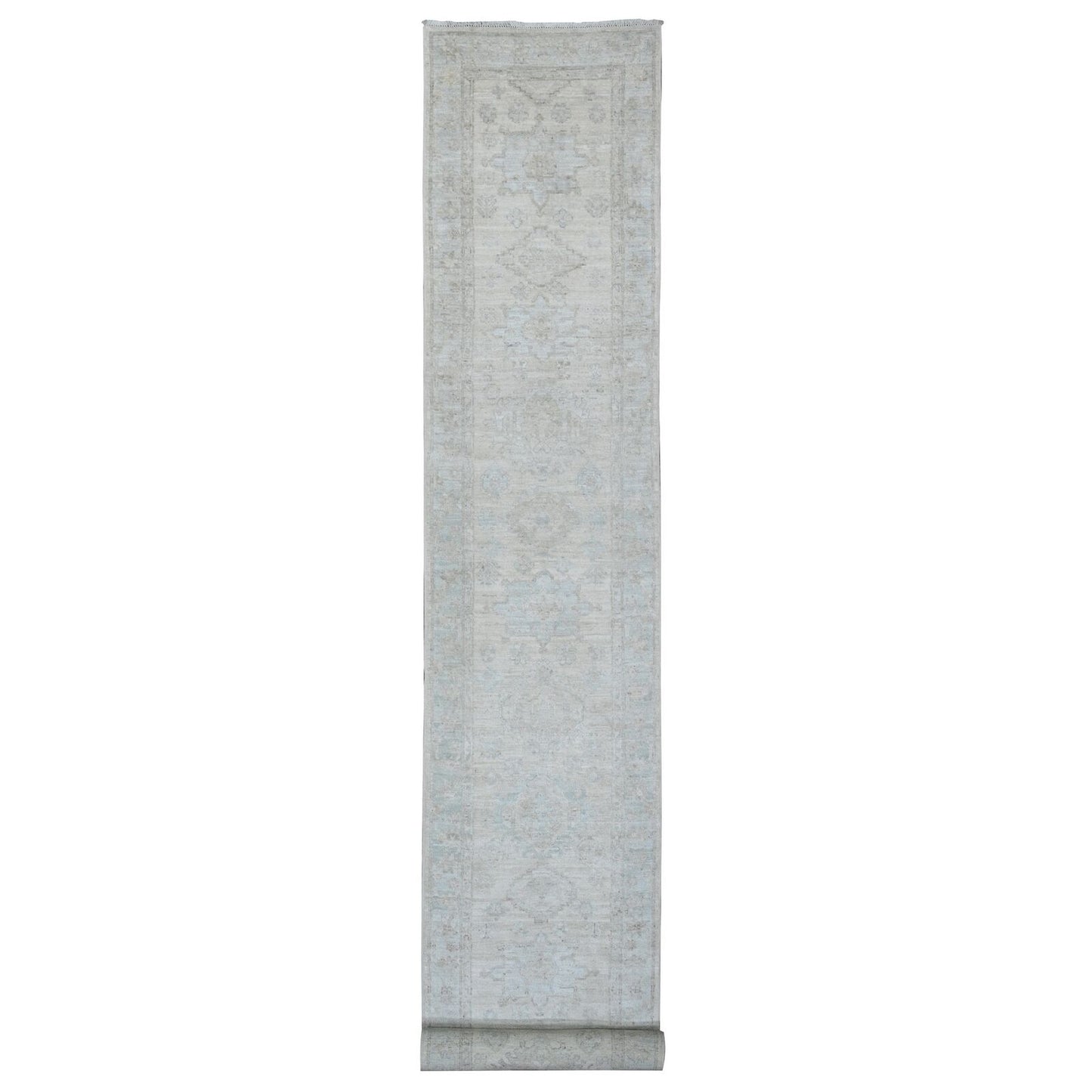 2'7"X18'9" White Wash Peshawar Leaf Design Hand Knotted Wool Runner Rug