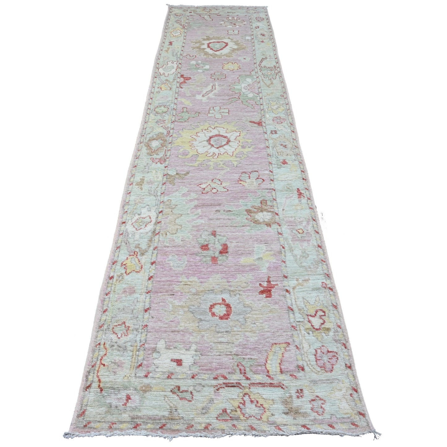 2'10"X11'7" Pink Wool Angora Oushak Leaf Design Hand Knotted Runner Rug