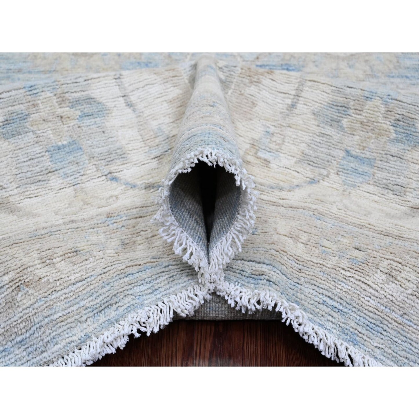 8'8"X12' Blue White Wash Peshawar Leaf Design Hand Knotted Pure Wool Rug