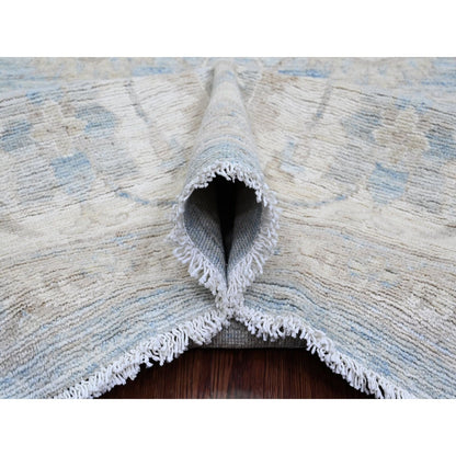 8'8"X12' Blue White Wash Peshawar Leaf Design Hand Knotted Pure Wool Rug