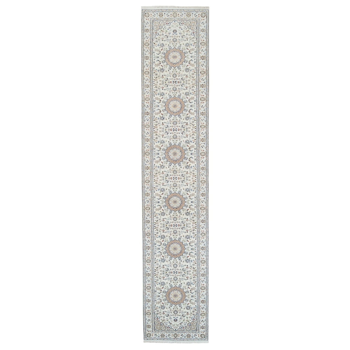 2'8"X13'3" Ivory Nain Flower Design 250 Kpsi Wool Hand Knotted Runner Rug