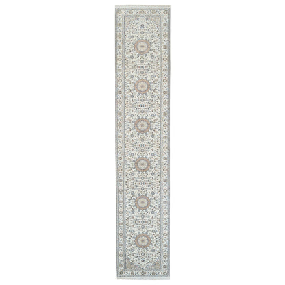2'8"X13'3" Ivory Nain Flower Design 250 Kpsi Wool Hand Knotted Runner Rug