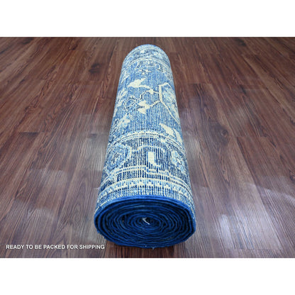 2'9"X19'8" Blue Hand Knotted Angora Oushak Leaf Design Wool Runner Rug