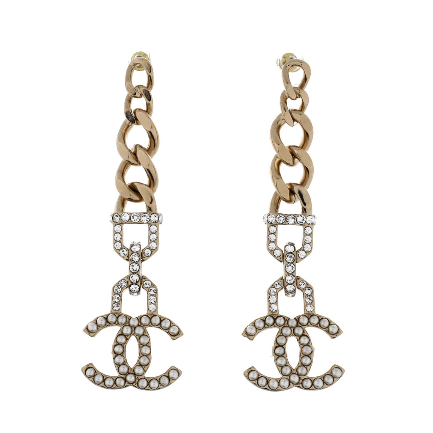 Chanel Cc Vendome Dangle Earrings Metal With Crystals And Faux Pearls