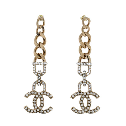 Chanel Cc Vendome Dangle Earrings Metal With Crystals And Faux Pearls