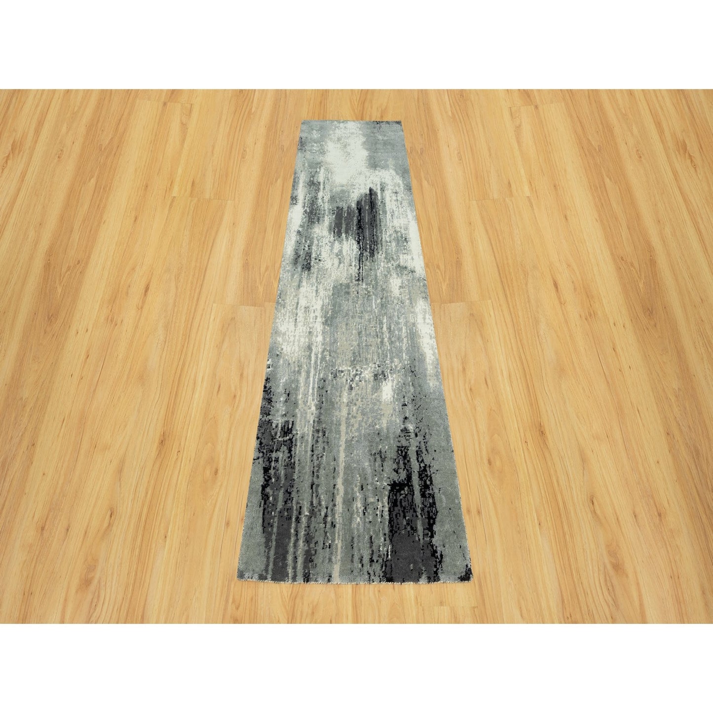 2'7"X10' Pitch Black Abstract Design Wool-Silk Hand Knotted Runner Rug