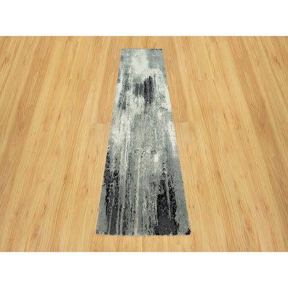 2'7"X10' Pitch Black Abstract Design Wool-Silk Hand Knotted Runner Rug