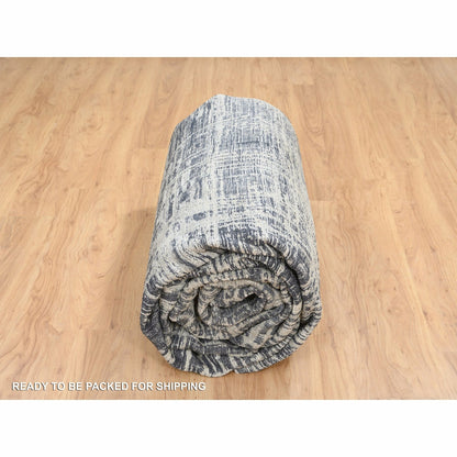 10'X13'9" Black Modern Erased Lines Design Wool And Silk Hand Loomed Rug
