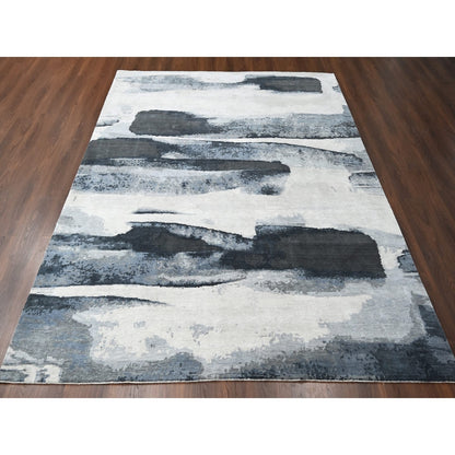 8'10"X11'9" Asphalt Black Abstract Design Organic Wool Hand Knotted Rug