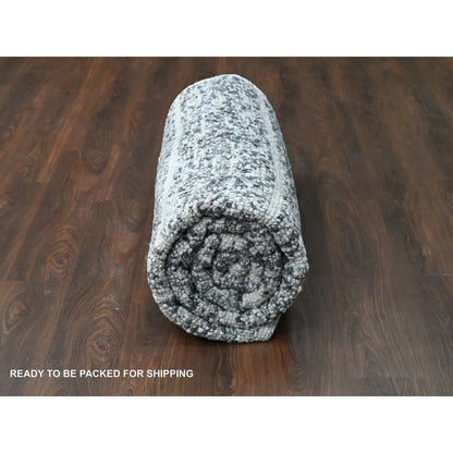 8'2"X9'10" Black And Ivory Modern Striae Design Wool Hand Knotted Rug