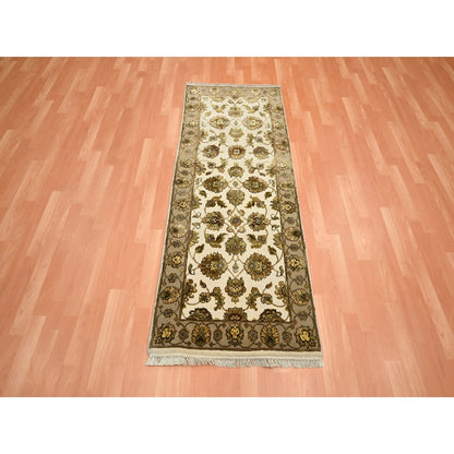 2'6"X6'2" White Rajasthan Leaf Design Hand Knotted Wool & Silk Runner Rug