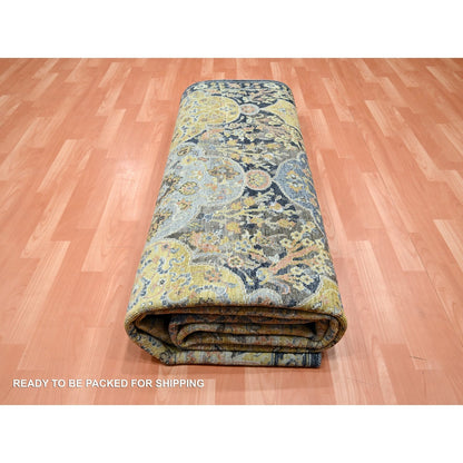 9'1"X11'9" Yellow Repetitive Emblem Design Hand Knotted Wool Oriental Rug