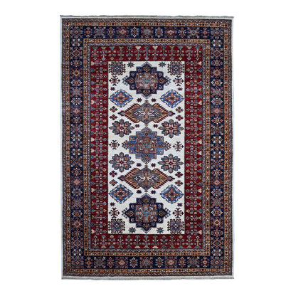 5'10"X9' Cloud White Hand Knotted Wool Super Kazak Geometric Oriental Rug
