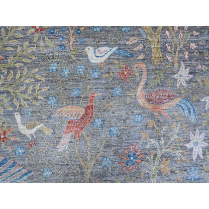12'X12' Gray Hand Knotted Peshawar Birds Of Paradise Square Oriental Rug