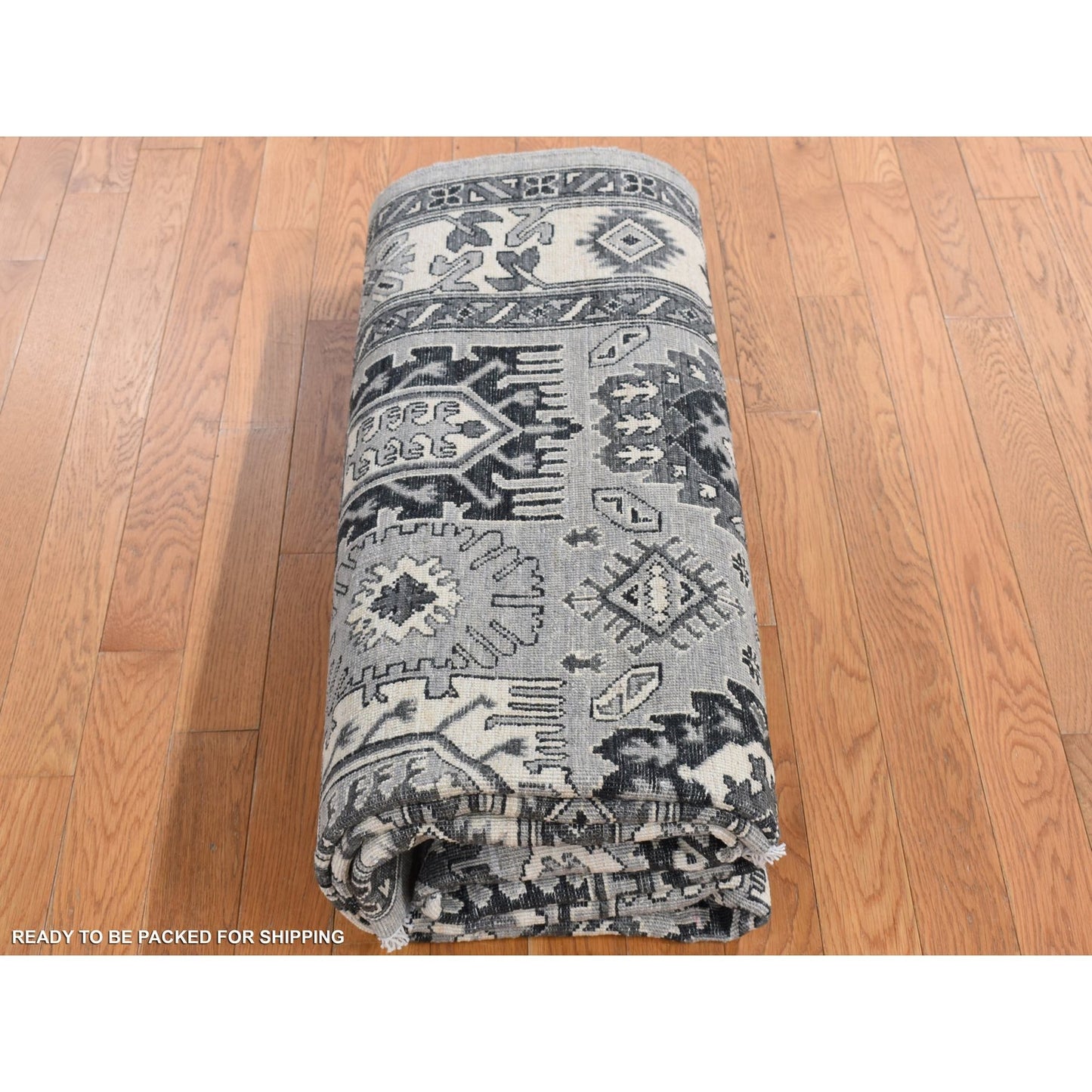 6'2"X9'2" Gray Pure Wool Hand Knotted Peshawar With Karjihooz Design Rug