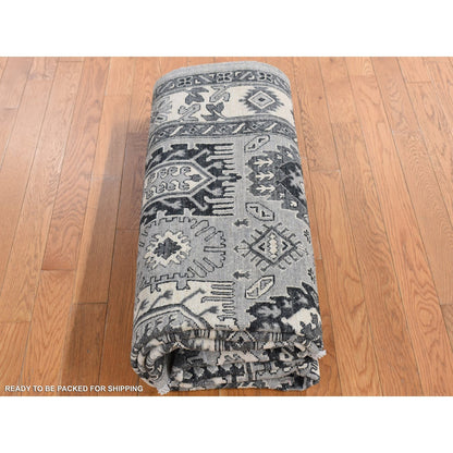 6'2"X9'2" Gray Pure Wool Hand Knotted Peshawar With Karjihooz Design Rug