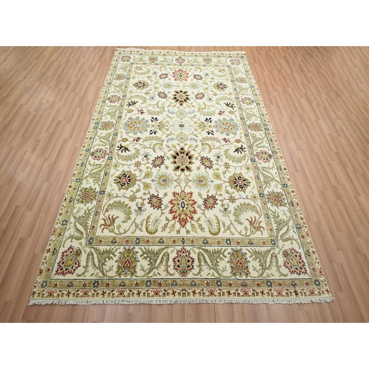 6'1"x9'3" Ivory Ziegler Design Floral Motifs Pure Wool Hand Knotted Rug