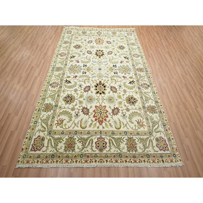 6'1"x9'3" Ivory Ziegler Design Floral Motifs Pure Wool Hand Knotted Rug